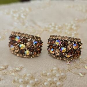 Vintage Elegant Crystal Stone Embellished Earrings Champagne Amber Peach
